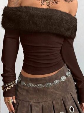 Off-Shoulder Faux Fur Dark Brown Long Sleeve Top